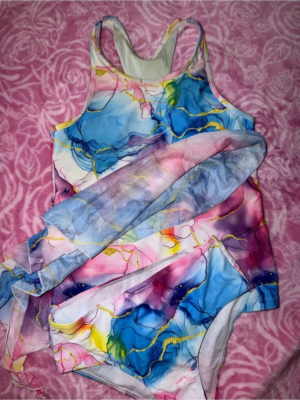 Girls Marble Print swim Set in Blue & Pink size 12
